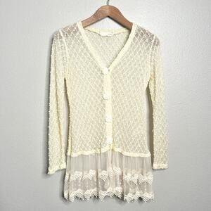 A'reve Cream Lace Sheer Cardigan with Crochet Flower Buttons women’s size small